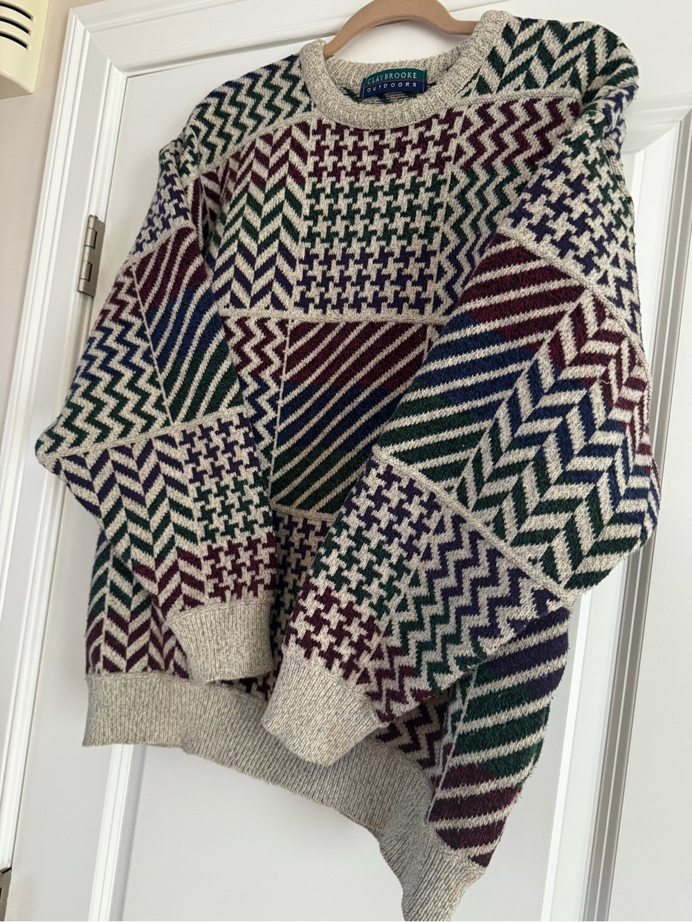 Vintage 90s Claybrooke Outdoors Patchwork Knit Sweater XL Eclectic Grandpa